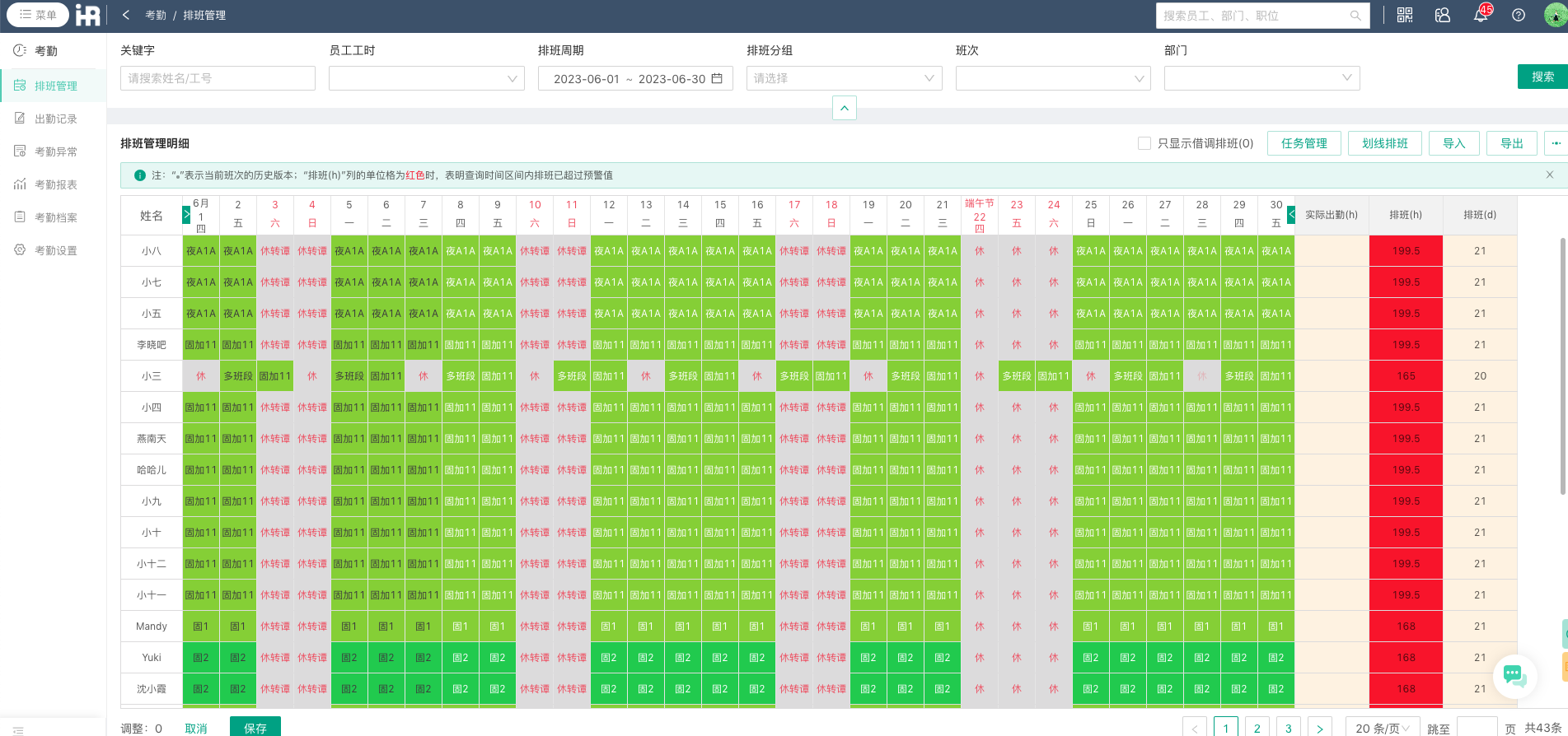 i人事內(nèi)置了各類排班方案，支持班前制定排班計劃、班中實時調(diào)整、班后自動統(tǒng)計工時等功能。